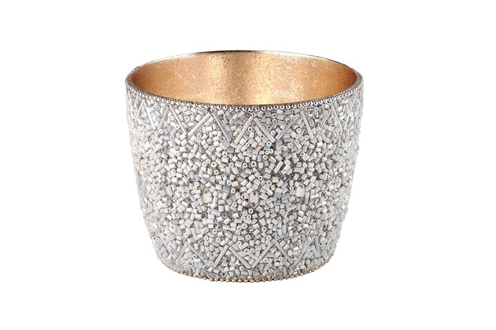 Madras Windlicht M mit Perlen weiß