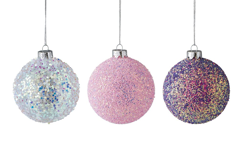 Weihnachtskugel Seoul 3 fach sortiert mit Glitter 8cm rosa/lila/weiß
